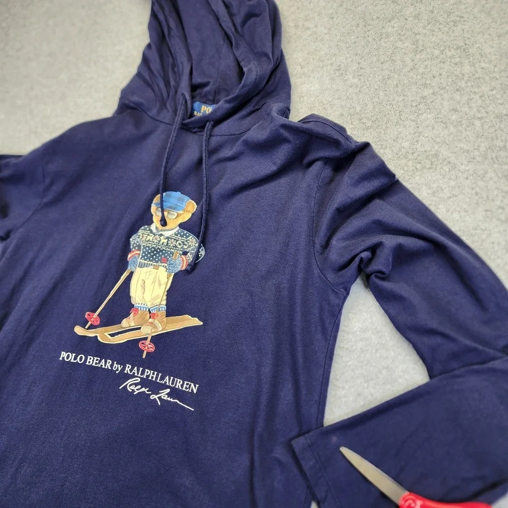 Polo Ralph Lauren Mens M Ski Bear Jersey Hooded‎ T-Shirt Long Sleeve Blue